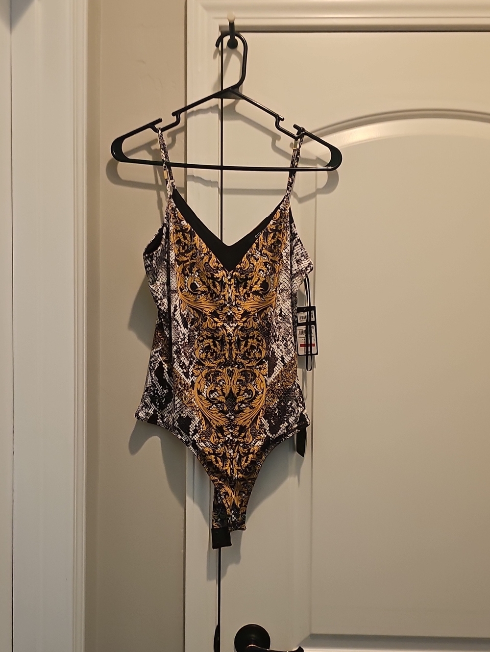 Guess Gold and Black Baroque Print Bandeau Bodysuit